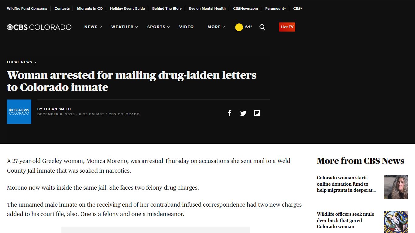 Woman arrested for mailing drug-laiden letters to Colorado inmate